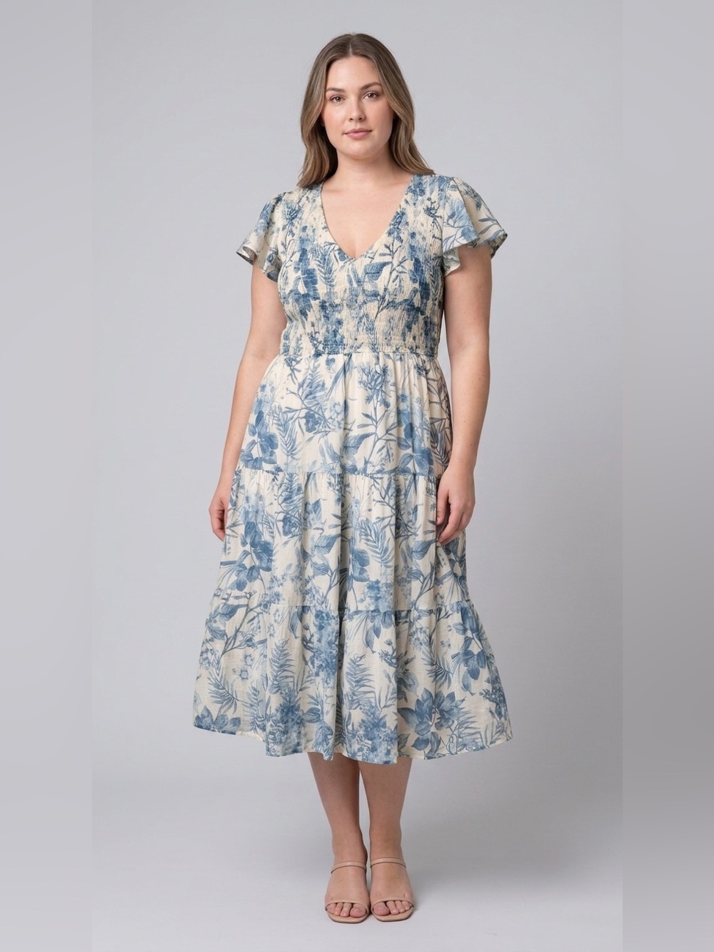 Blu Pepper Blue Floral Smocked Midi Dress with Puff Sleeves